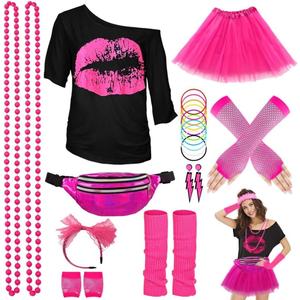WILDPARTY 80s Costume Accessories for Women, T-Shirt Tutu Fanny Pack Headband Earring Necklace Fishnet Gloves Legwarmers (XX-Large, Pink)