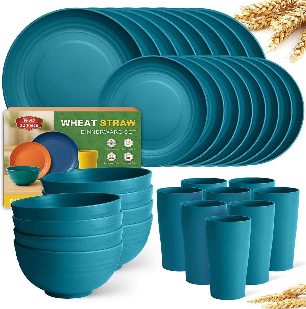 Teivio 32Piece Kitchen Plastic Wheat Straw Dinnerware Set, Service for 8, Dinner Plates, Dessert Plate, Cereal Bowls, Cups, Unbreakable Colorful Plastic Outdoor Camping Dishes, Dark Blue