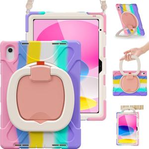 BRAECN Kids Case for iPad (A16) 11th/10th Generation 11/10.9'' 2025/2022, Heavy Duty Rugged Silicone Cover with Screen Protector, Kickstand, Shoulder Strap, Pencil Holder & Ring Stand, Colorful Pink