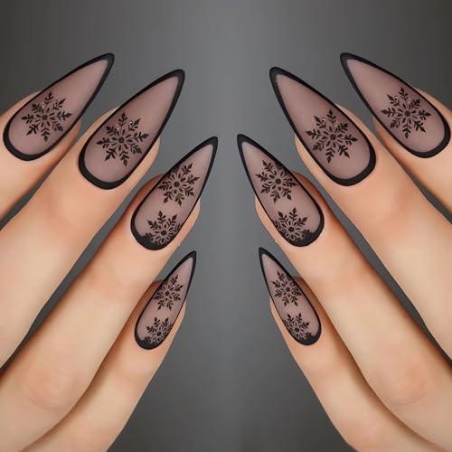 LPOODDNU Christmas Press on Nails Almond with Snowflake Designs Full Cover Christmas Medium Fake Nails Cute Christmas Nails Press ons for Women Acrylic Nails Decorations Manicure Tips Accessories