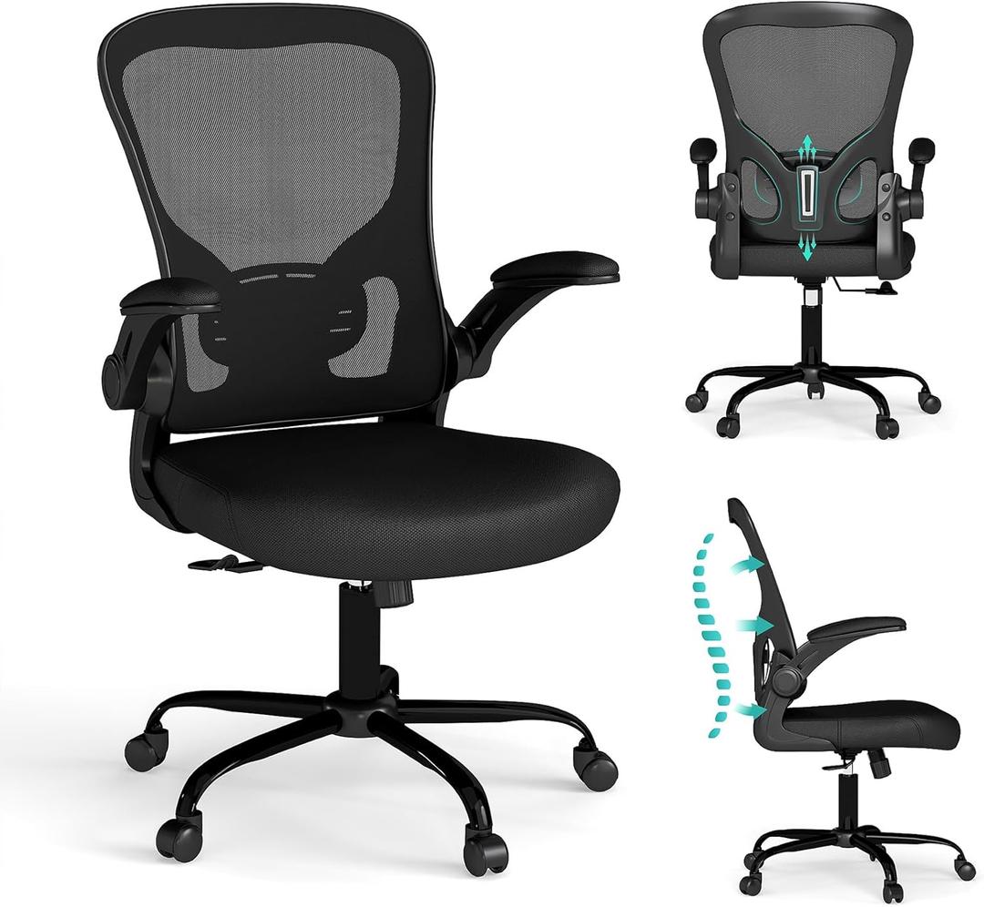 Flysky Mesh Office Chair, Ergonomic Computer Desk Chairs for Home Office - with Comfy/ Comfortable Flip-up Arm Rests, Lumbar Support, Height Adjustable, 360 Degree Rolling Swivel (Black)