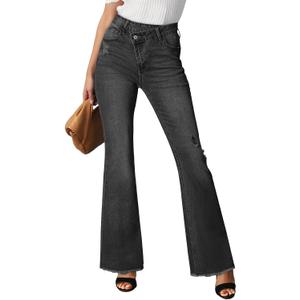 Sidefeel Women's Bell Bottom Flare Jeans High Waisted Stretchy Ripped Distressed Raw Hem Denim Pants with Pockets (Black)