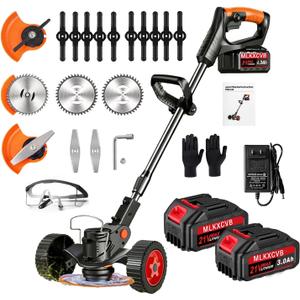 Electric Weed Wacker,21V Cordless Weed Eater Battery Powered with 3 Types Blades and 2 Pack 4.0 Ah Batteries,3 in 1 Stringless Electric Brush Cutter with Wheels for Garden Yard Lawn, 35-47 inches