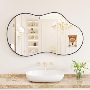 WEER Irregular Wall Mirror, 20x36 inch Black Asymmetrical Mirror Wall Mounted Mirrors Decorative, Abstract Wavy Aluminum Alloy Frame Bathroom Mirror, Bedroom, Living Room, Entryway