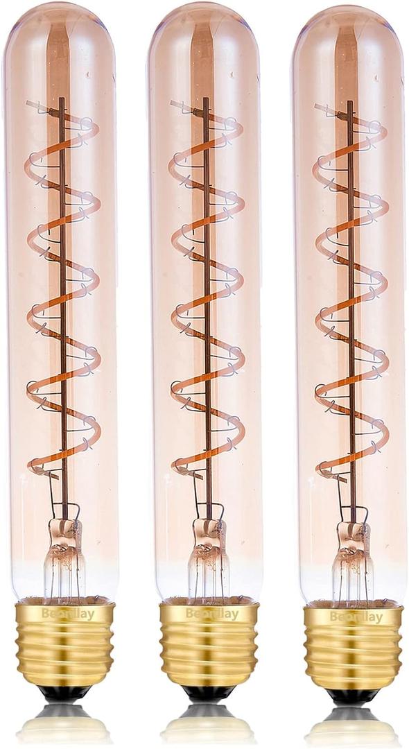 Dimmable 4W Tube LED Eison Bulb, T10 Vintage Long LED Bulb 40 Watt Equivalent Warm White 2700K, E26 Medium Base Amber Colored 7.3 Inch Long tubular edison bulb, 3 Pack