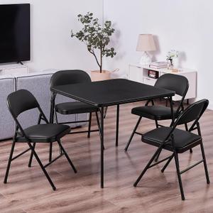 VECELO Folding Card Table and Chair Set of 5 Portable with Padded Tabletop, No Assembly Required, Black, 5 Piece Set