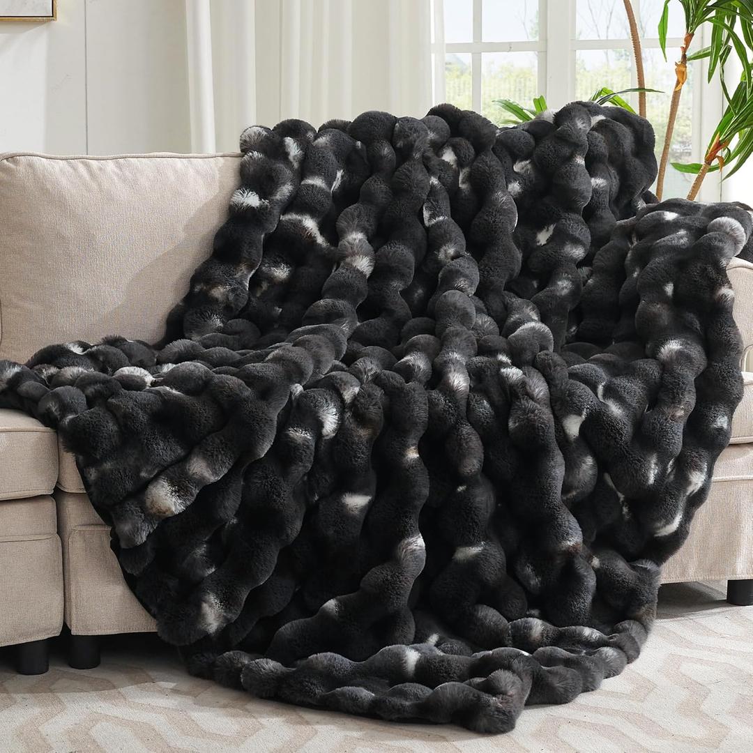 Ultra Plush Bubble Faux Rabbit Fur Blanket  950GSM Thick Fluffy Throw Blanket for Bed, Couch, Sofa, or Gift, 50"  60", Tie-dye Black