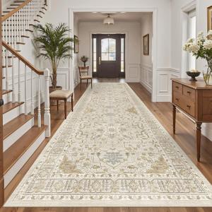 Madane 4x12 Wide Hallway Runners: Washable 12ft Runner Rug for Entryway Living Room Soft Vintage Non Slip Carpet Runner for Kitchen Dining Room Nursery Bedroom Thin Area Rug (Beige/Blue, 4x12ft)
