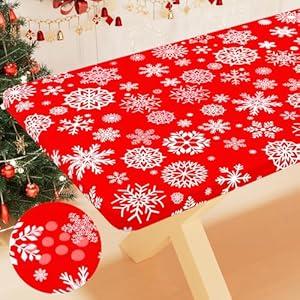 Smiry Plastic Christmas Tablecloth, Snowflake Waterproof Elastic Fitted Table Covers, Wipeable Flannel Backed Vinyl Tablecloths for Christmas Dinner, and New Year Celebration (Red, 30x72 Inches)