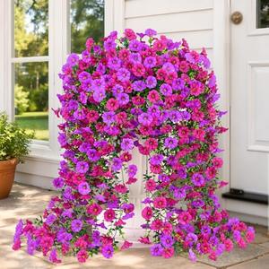 Artificial Hanging Flowers for Outdoors, Fake Hanging Flowers for Decoration, UV Resistant Artificial Outdoor Plants, 4 Pcs Morning Glory for Outdoors Garden Patio Porch Yard Decor, Purple & Fuchsia