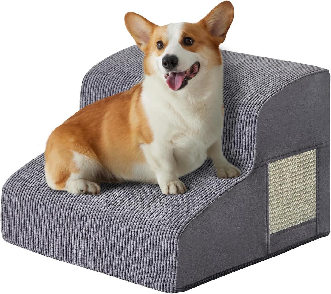 Dogs Steps for Bed, Dog Stairs for Small Dogs, 2-Step Dog Ramp for Bed, Couch, Sofa, and Chairs, Non-Slip Bottom Design, Cat Scratching, High Density Foam Portable Pet Step, Indoor, Grey
