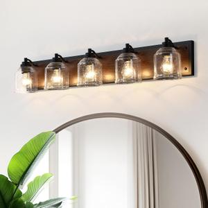 40" Large Farmhouse Bathroom Vanity Light,5-Light Brown Metal Vanity Light with Bubble Glass Shades,Rustic Wall Sconce Lighting Fixtures Over Mirror for Bathroom,Kitchen. BD005-5-DW