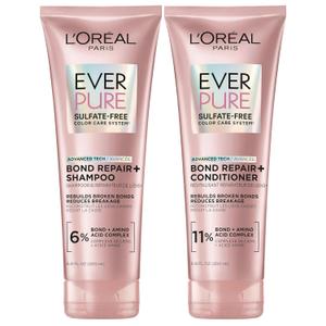 L'Oreal Paris Sulfate Free Bond Repair+ Shampoo and Conditioner Set with Bond + Amino Acid Complex, Strengthens and Repairs Damaged or Color Treated Hair, EverPure, 13.6 Fl Oz Set
