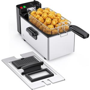 NEWBULIG Deep Fryer with Basket, 3 Liter Electric Deep Fryer with 1500W Power, Adjustable Temperature, Lid with Viewing Window for Fried Chicken, Shrimp, French Fries, Silver