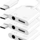 USB C to 3.5mm Headphone and Charger Adapter, Type C to Aux Jack Dongle Cable Cord with PD Fast Charging for iPhone 15/16/17 Pro/Max/Plus, iPad, Samsung Galaxy S23/S24 Ultra, Note 20 (3-Pack) (White)