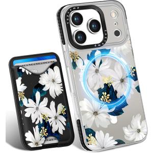 Toycamp for iPhone 17 Pro Case - Compatible with Magsafe Credit Card Holder Wallet Magnetic Cute Women Teen Girls Kawaii Girly Unique White Flower Design Phone Cover for Apple 17 Pro