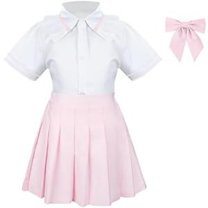 Girls' School Uniform Skirt Set，Girls Bow Tie Shirt Top with Pleated Mini Skirt Suit Cosplay Costume Cute Student Outfit Set Size 140