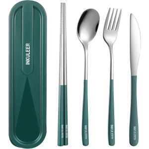 Travel cutlery set, 18/8 stainless steel cutlery, Reusable utensils set with case, Portable Silverware Lunch Box for Camping and Office (Green/knife set)