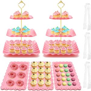 Coitak 8 Pieces Cupcake Stand Set, 2 PCS 3 Tier Cupcake Stands with 3 PCS Appetizer Trays, 3 PCS Serving Tongs, Dessert Tower Tray for Tea Party (Pink)