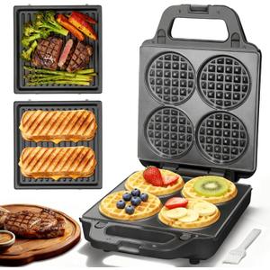 SugarWhisk 2 in 1 Mini Waffle Maker with Removable Plates, Panini Press Sandwich Maker, Sandwich Press, Waflera Electrica, Sandwichera Electrica, 4 X 4 Inch Classic Waffle Maker for Kids, Graphite