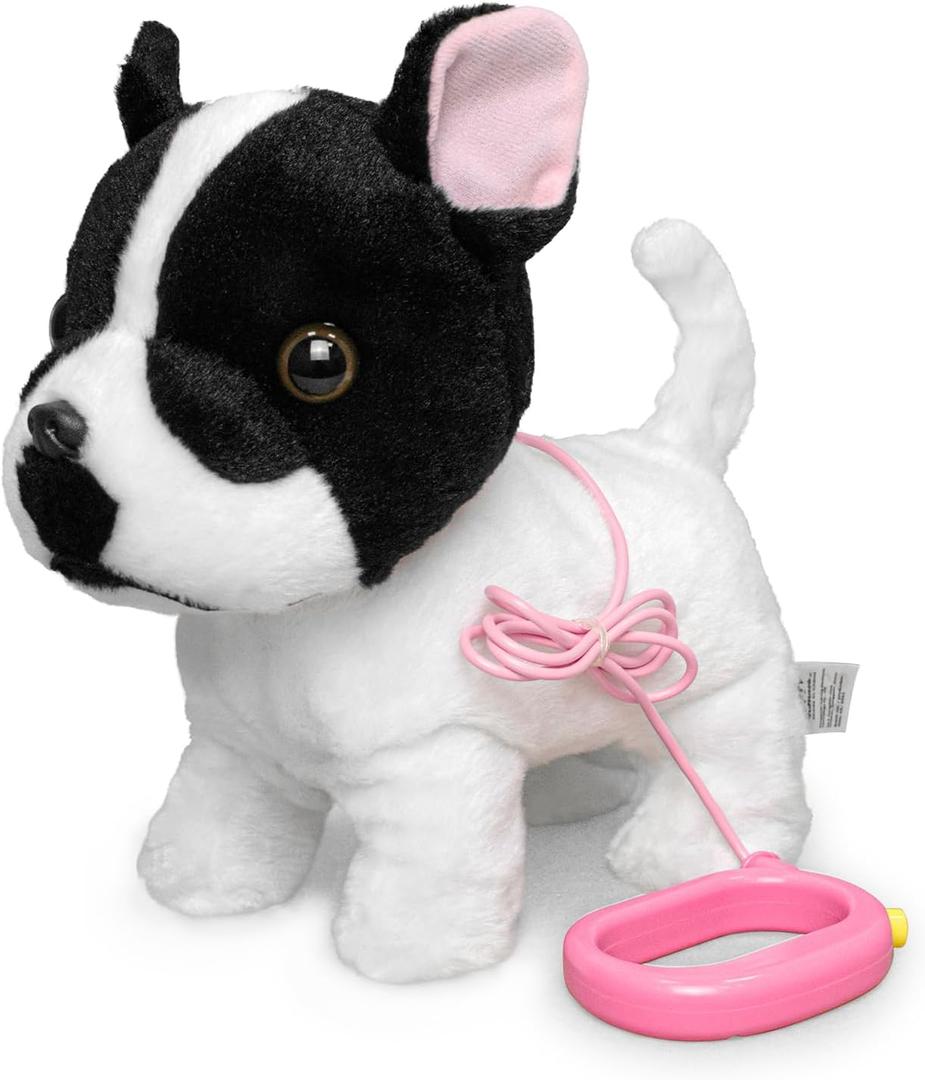 YH YUHUNG Walking French Bulldog Toy with Leash, Black & White Frenchie Puppy Robot, Electronic Barking & Wagging Plush Dog, Interactive Pet Gift for Kids 3+ (French Bulldog)