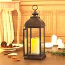 WRalwaysLX 15 inch H The Door-Open Decorative Lantern with flameless LED Candle Light, Outdoor/Indoor LED Lantern, wtith Timer CandlePlastic with Bronze Undertones.USE 2C Battery(not Include)