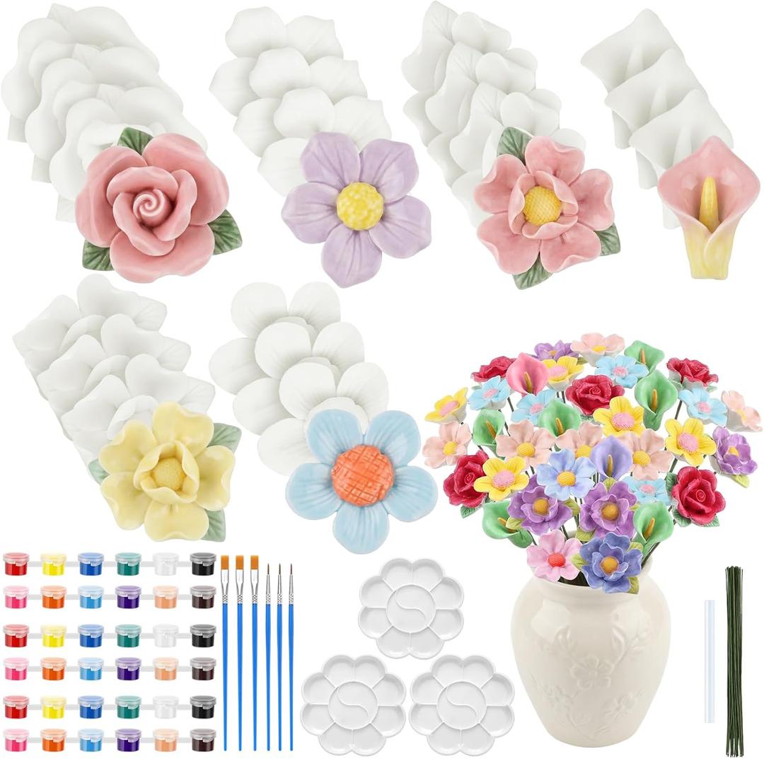 RattanView 24 Set 3D DIY Flower Ceramics to Paint Kit Ready to Paint Your Own Flower Figurines Unpainted Ceramics Spring Painting Statues Crafts for Adult Party Favor