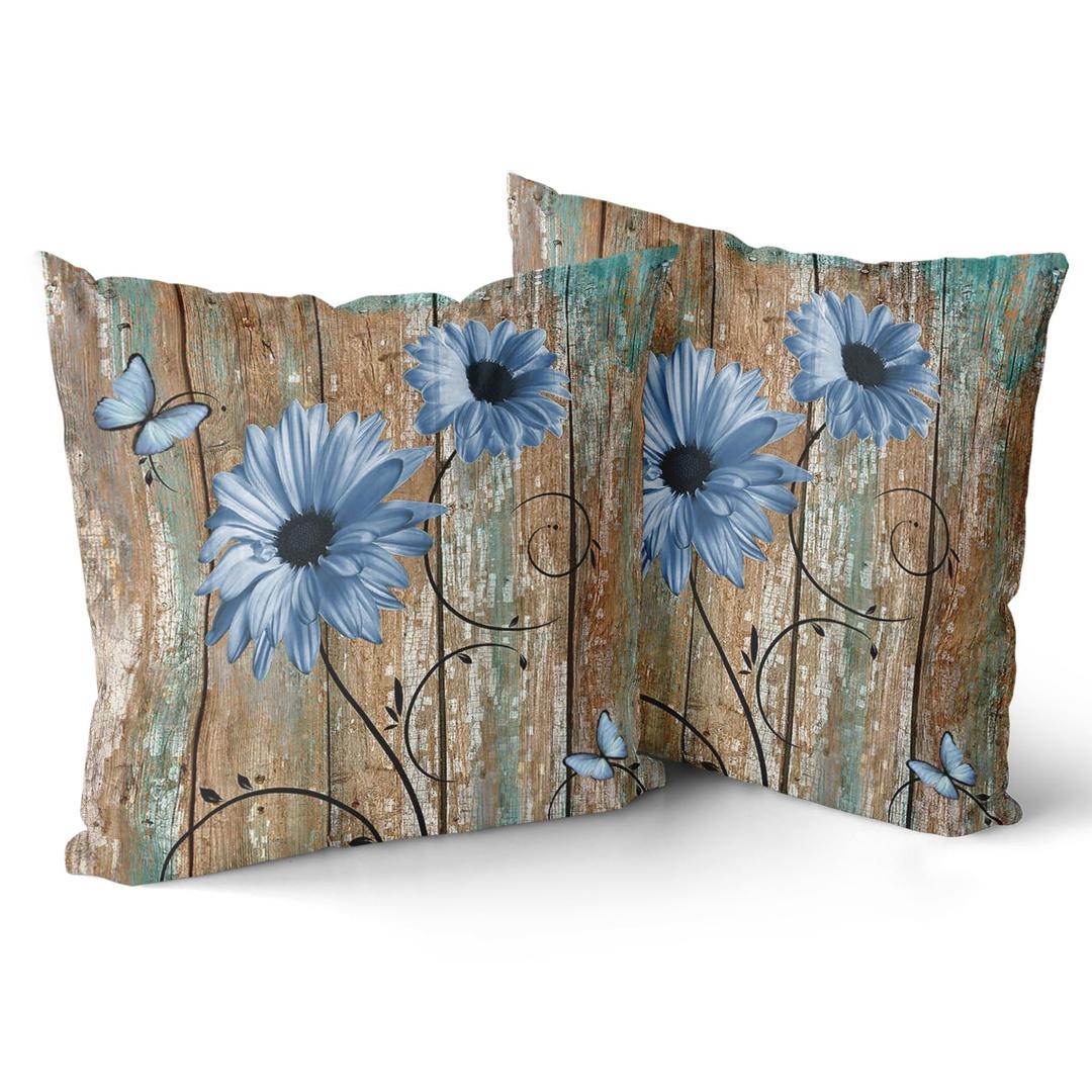 Giwawa Rustic Daisy Board Pillow Covers 20x20 Inch Blue Sunflowers on Vintage Style Wood Plank Throw Pillowcases Set of 2 Double Sided for Couch Cushion Sofa Bedroom Home Decoration