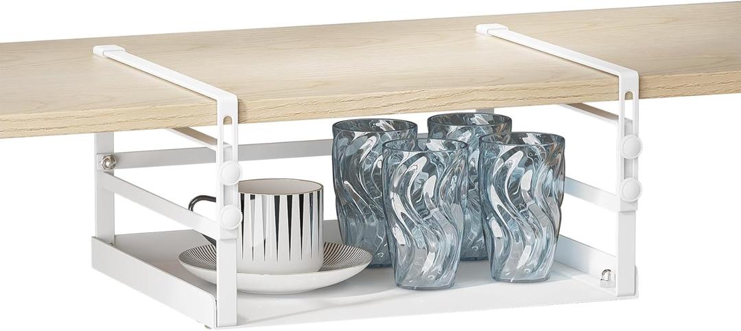 HENGI Adjustable Under Shelf Storage, Heavy Duty Metal Basket Organizer for Kitchen Cupboard Cabinet Pantry Laundry Desk Bookshelf, White (1 Pack)