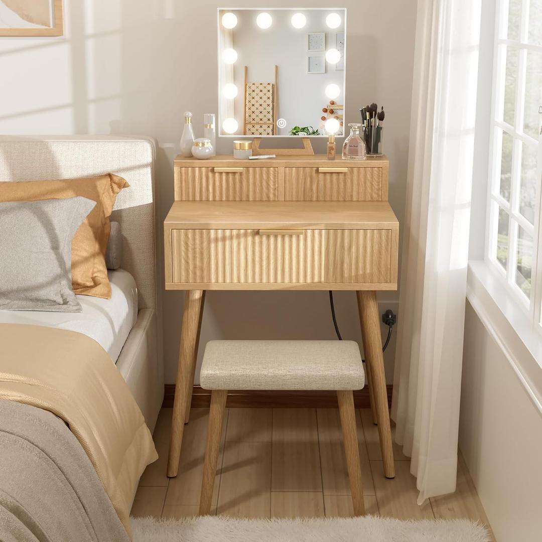 BOLUO Small Vanity Desk with Hollywood Mirror and Lights, Girls Vanity with Stool, Fluted Vanity Set, Compact Make Up Table with Drawers and Outlet Bedroom