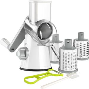 Ourokhome Rotary Cheese Grater Hand Crank, Kitchen Shredder Speed Mandolin Slicer Nuts Grinder with Handle and Drum Blades for Cheese, Vegetable, Walnuts, Chocolate, Potato, Carrot, 3 Blades, White