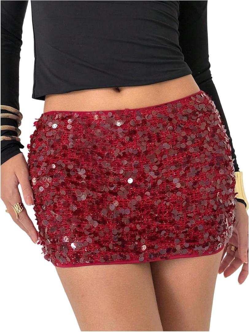 MakeMeChic Women's Sequin Sparkle Mini Skirt Glitter Low Waist Party Y2k Bodycon Skirts (Large, Burgundy)