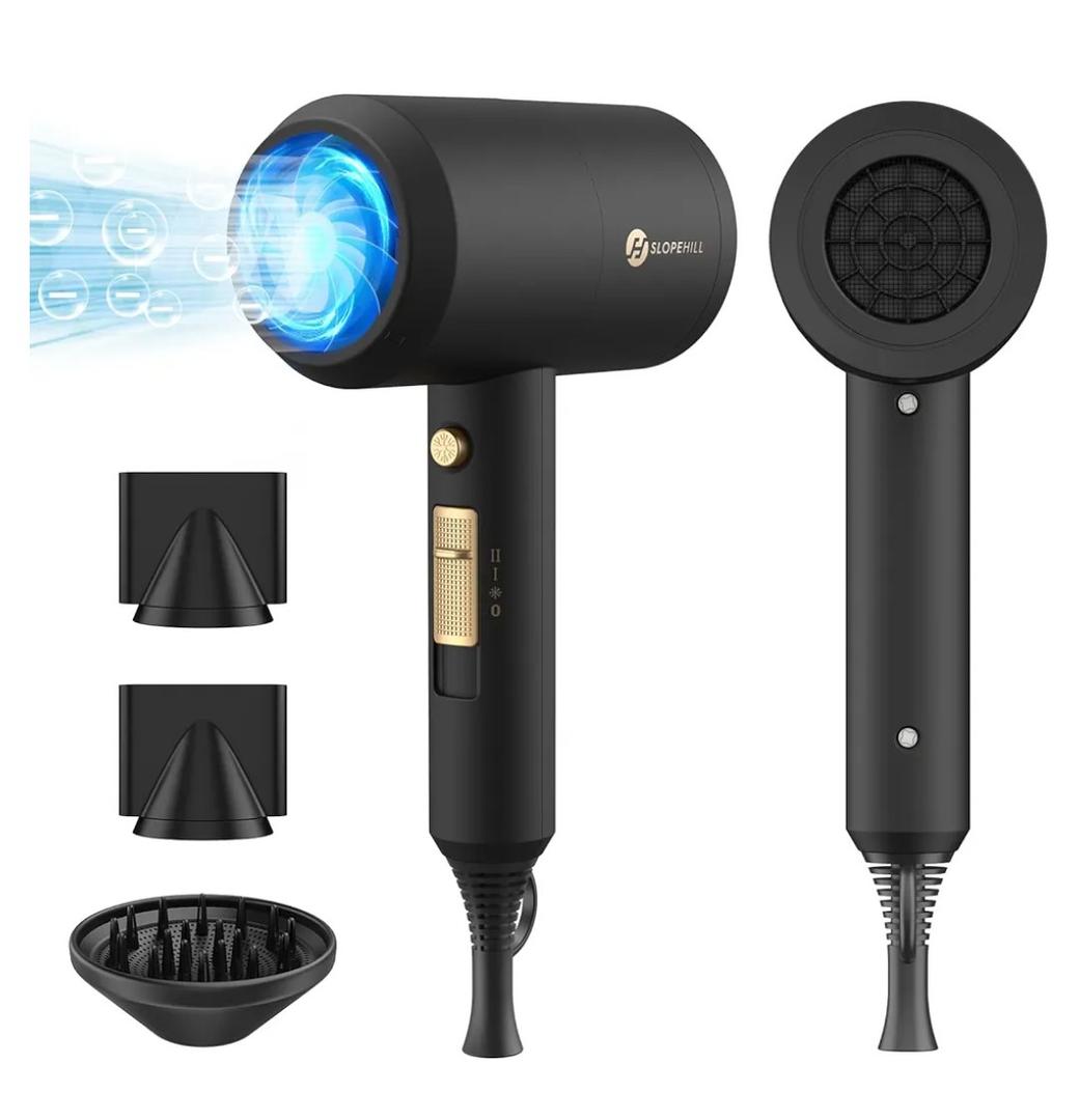 slopehill Professional Ionic Hair Dryer, Powerful 1800W Fast Drying Low Noise Blow Dryer with 2 Concentrator Nozzle 1 Diffuser Attachments for Home Salon Travel (Black)