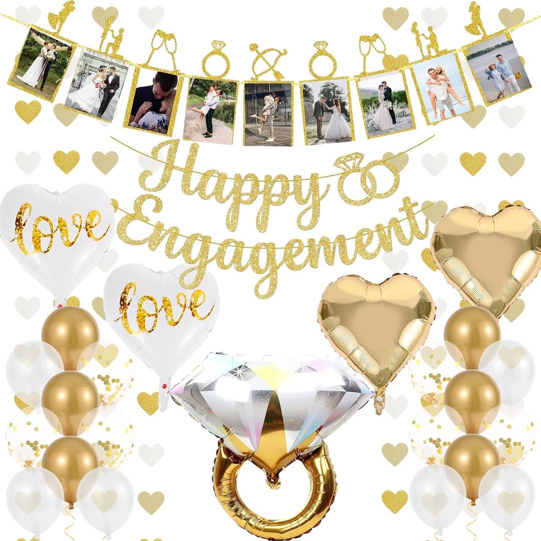 Engagement Party Decorations - Gold Engagement Congratulations Decor, HAPPY ENGAGEMENT Banner, Thickened ECO Ring Balloon Kit with Photo Timeline Banner, Heart Streamers Garlands