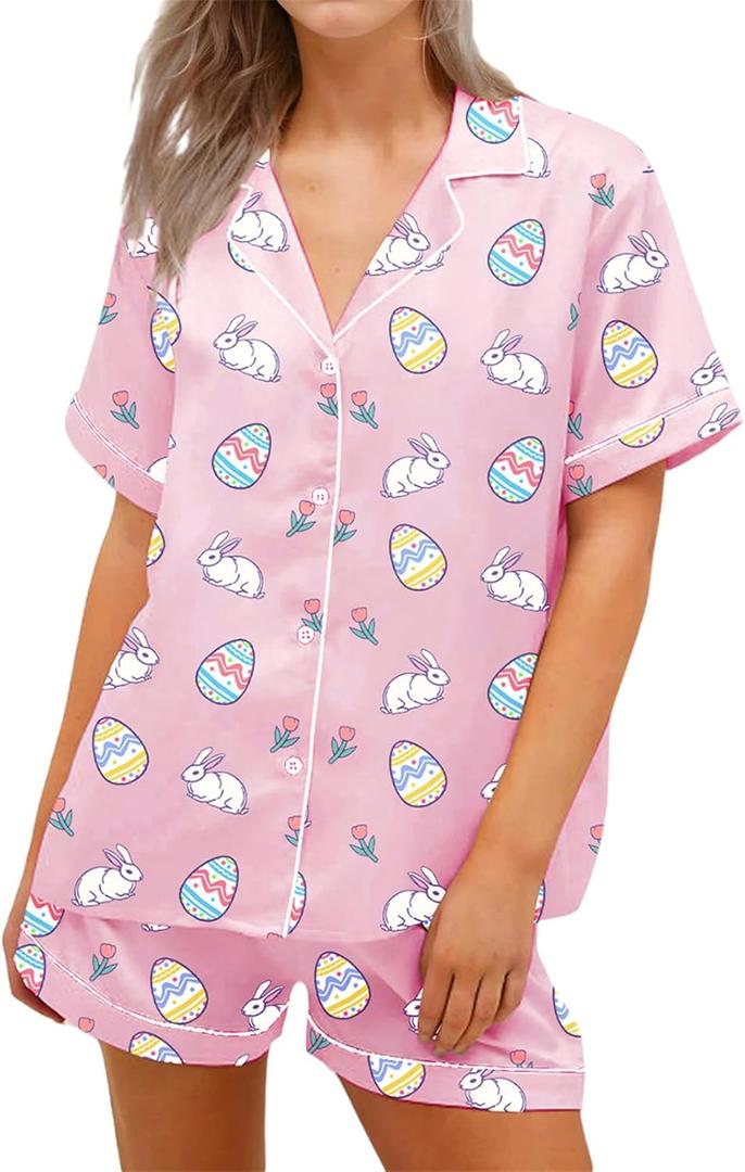 RUEWEY Women Easter Pajamas Set Bow/Rabbit Print Button T-Shirt and Elastic Shorts for Loungewear Soft Sleepwear (X-Large, Pink Base)