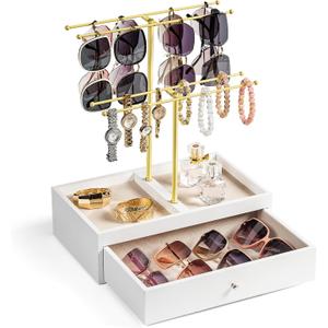 Emfogo Sunglass Organizer, 2-Tier Sunglasses Display Rack for 20 Pairs of Eyewear, Jewelry Holder Stand with Wood Drawer Storage for Glasses, Earrings, Bracelets, Rings & Watches (Gold+White)