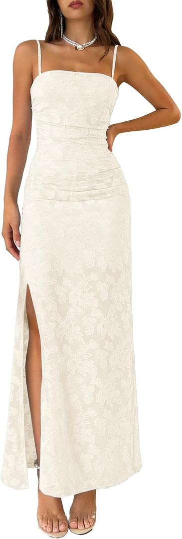 MITILLY Women's Summer Wedding Guest Dress 2026 Formal Spaghetti Strap Bodycon Ruched Floral Slit Maxi Dresses (S)