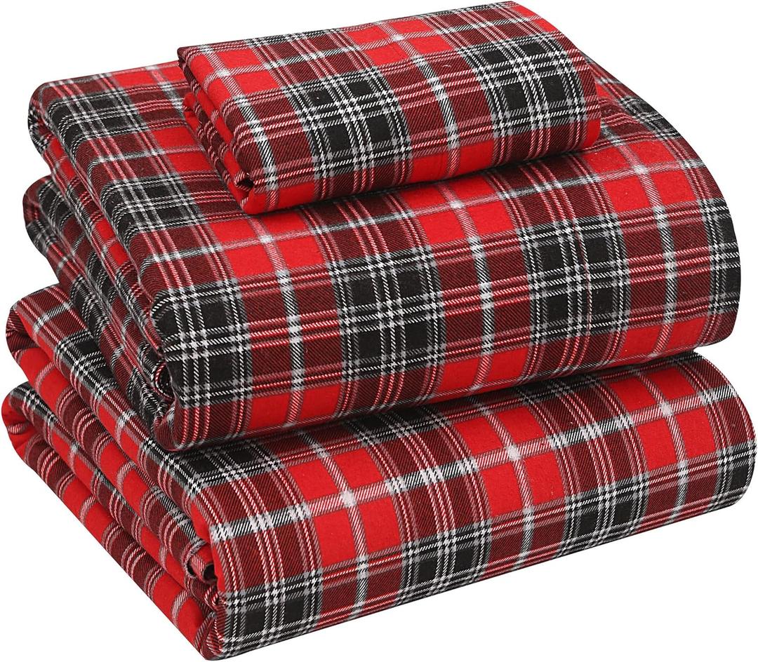 RUVANTI Flannel Sheets Twin Size - 100% Cotton Double Brushed Twin Sheets Set, Deep Pockets 16 Inches, All Seasons Breathable & Extra Soft Bed Sheets, Warm & Cozy, 3 Piece, Red Plaid