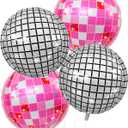 Disco Ball Balloons Pink Silver 4PC,Foil Disco Balloons 22 Inch 4D Round Pink Silver Balloon for 70s 80s Birthday Bachelorette New Year Graduation Decorations