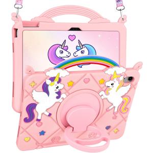 for iPad A16 Case/10th Generation Case - Girls Teens Cute Cartoon 10.9 Inch 2022 Tablet Cover with Rotating Stand Handle & Strap Soft Silicone 3D PK Unicorn Funda for iPad 11th 11 Inch 2025 (Pink)
