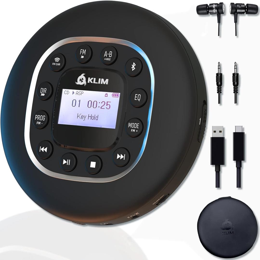 KLIM Journey - Portable CD Player Walkman with Long-Lasting Battery - New - with Headphones - Radio FM - Compatible MP3 CD Player Portable - SD Card, FM Transmitter, Bluetooth - Ideal for Cars - Black