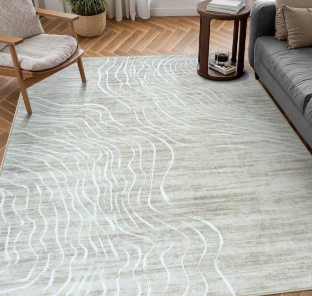 LIVEBOX Machine Washable Modern Abstract 6x9 Area Rug Clearance, Non Slip Large Bedroom Living Room Nursery Girl Rug Minimalist Wave Striped Neutral Boys Rug, Carpet for Playroom(Beige,6'x9')