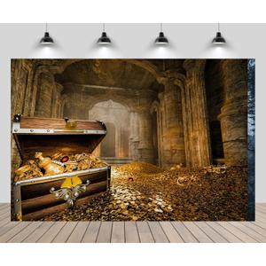 7x5ft Treasury Hall Backdrop Gold Coins Treasure Boxes Lost Ancient Treasures Kingdoms and Castles Background Pirate Treasure Halloween Festival Party Decor Photo Studios Props (B1-1324)
