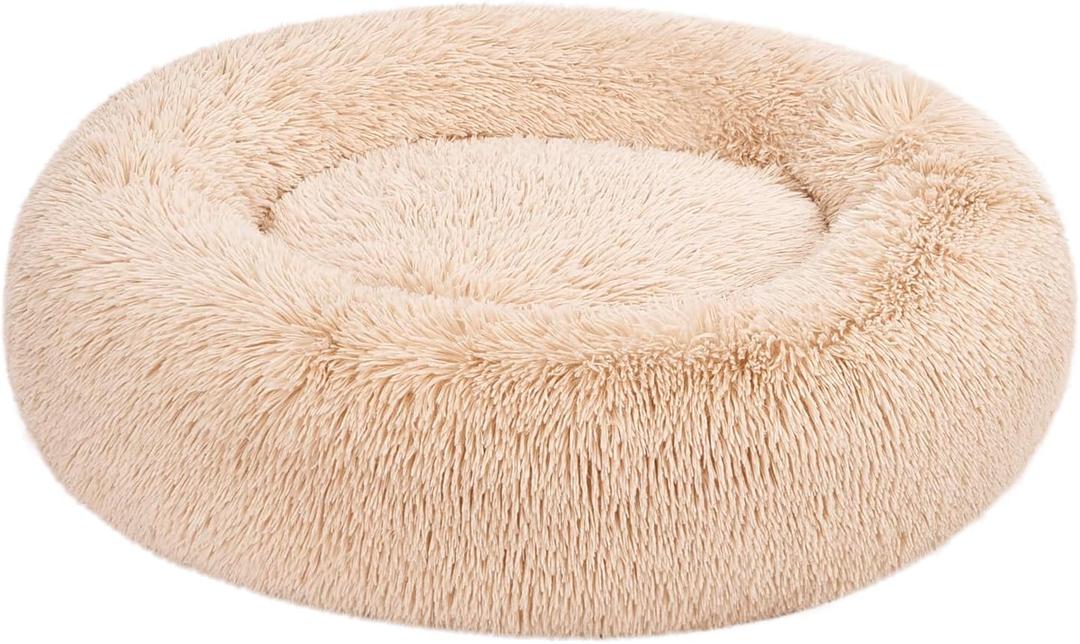 Amazon Basics Washable Donut Pet Bolster Faux Fur Bed with Removable Cover, Anti-Slip Bottom for Dog, Beige, 36" x 36"