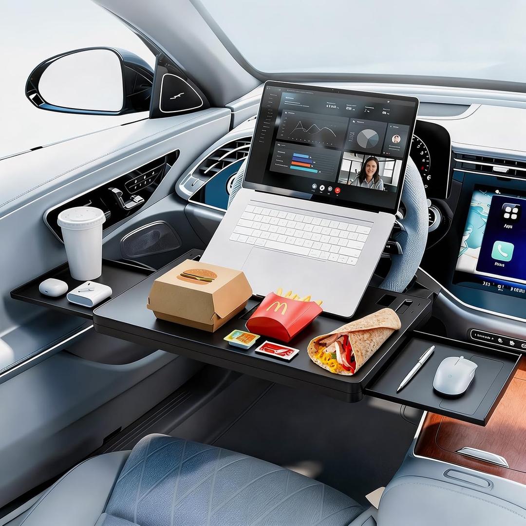 Steering Wheel Tray, Anti-Slip Car Desk for Laptop, Adjustable Car Food Tray with Tablet Holder, Multipurpose Car Tray for Eating, Work, Travel