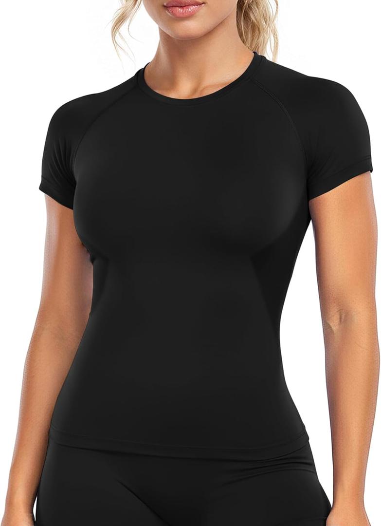 Ieumaz Gym Workout Tops for Women Short Sleeve Longline Athletic Tops Fitted Crew Neck Yoga Sports Compression T-Shirts (Small, Black)