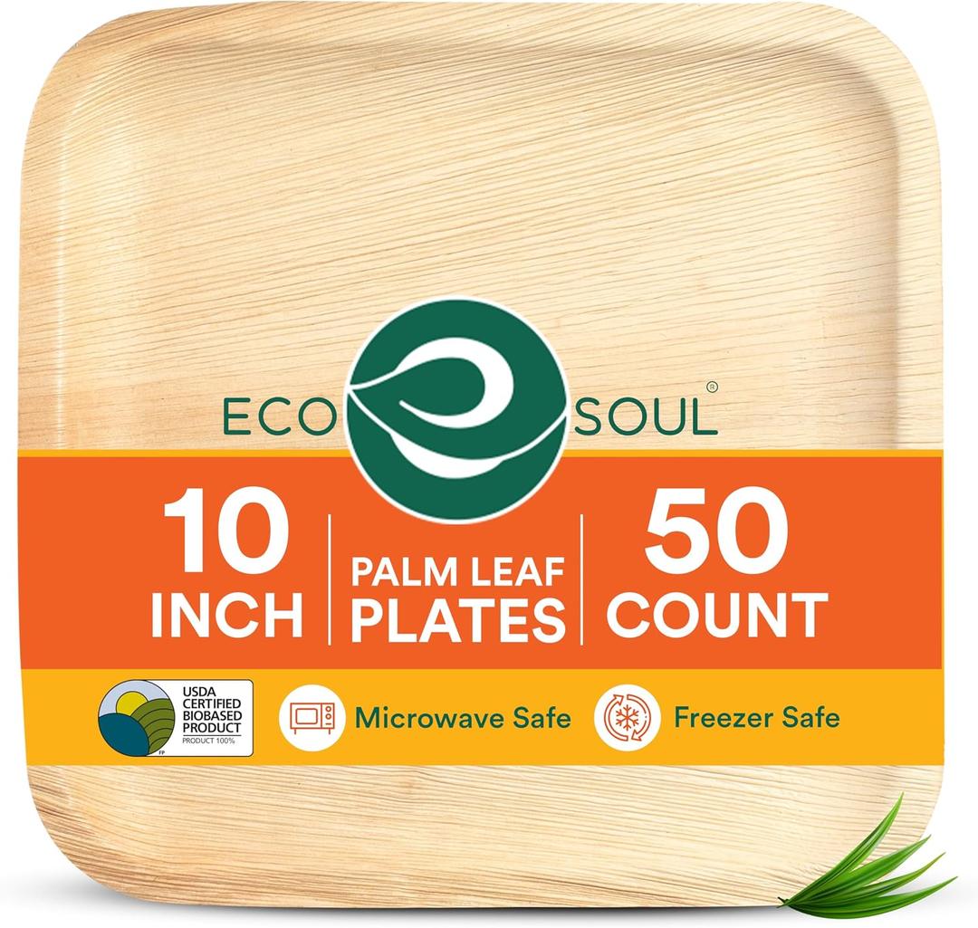 ECO SOUL Palm Leaf Like Bamboo Plates, 10 Inch Square, 50 Pack, Bulk Disposable Dinner Plates, Compostable Biodegradable Natural Wooden Dinnerware for Parties, Weddings & Catering Events