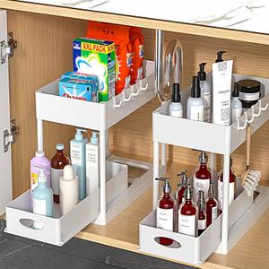 PUILUO 2 Set Under Sink Cabinet Organizer, 2 Tier Storage Under Cabinet Bathroom Under Sink Organizers and Storage Black Under Sink Storage for Bathroom Kitchen