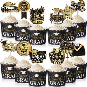 FoldTier 96 Pcs 2026 Graduation Cupcake Liners and Cupcake Toppers Graduation Baking Cups with Picks Grad Black Gold Class of 2026 Party Supplies Mini Cake Decorations