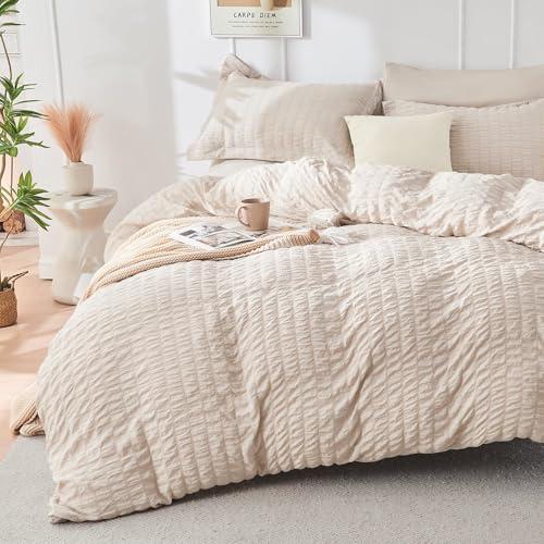 HYMOKEGE Beige Duvet Cover Queen Size, Ultra Soft 3-Piece Seersucker Duvet Cover Set with Zipper Closure, Soft Brushed Microfiber Bedding Set with 8 Corner Ties (90"x90", 2 Pillowshams)
